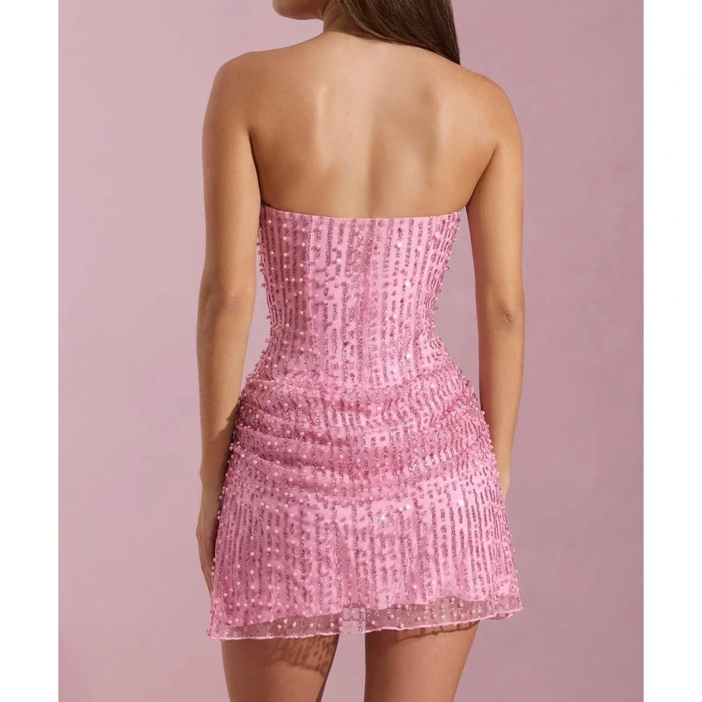 Oh Polly Pink Beaded Sequin Mini Dress Strapless Corset Pearl Embellished US 14 - Picture 2 of 9